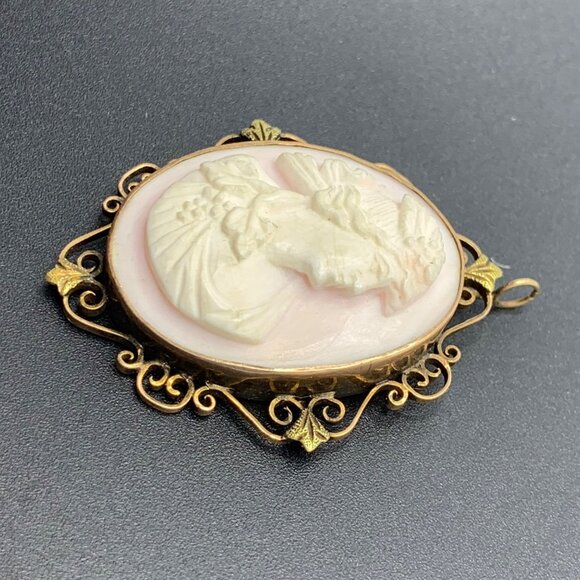 14KY Gold Victorian Shell Cameo Pendant w/ Scroll Filigree Frame 1.75 x 1.25" - Picture 3 of 10